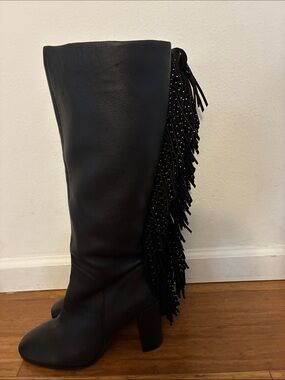 Kenneth Cole NY NWOT Black Leather Justin Fringe Boot with Stud Accent Size 11